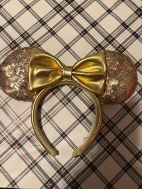 Disney Gold Sequin Minnie Ears Headband with Metallic Bow